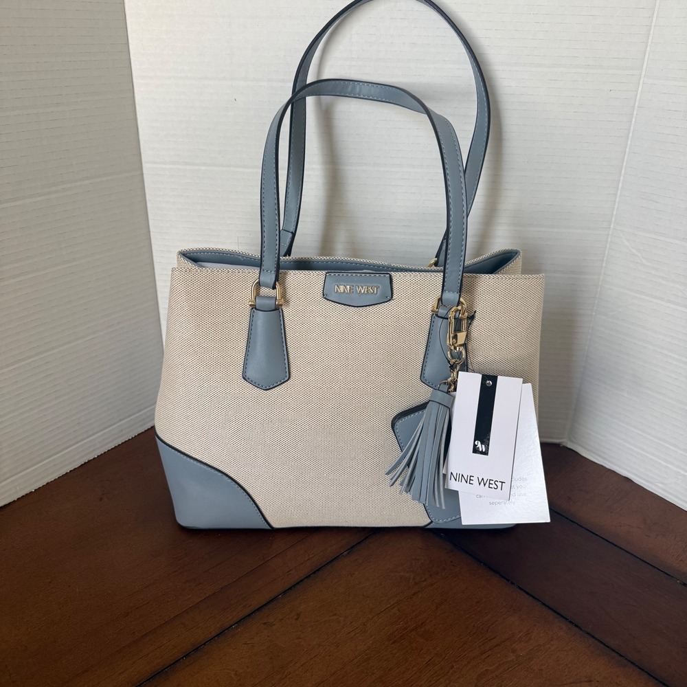 Nine West Canvas Tote Bag Light Blue Trim Triple Compartment Shoulder Bag NWT